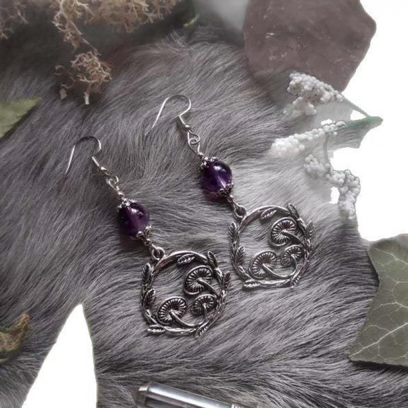 Gothic Moon Mushroom Amethyst Earrings