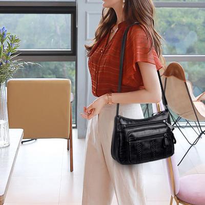 Retro Crossbody Bag for Women Lightweight Large Capacity Waterproof Multi-Pocket Shoulder Bag with Stitching Daily Commute