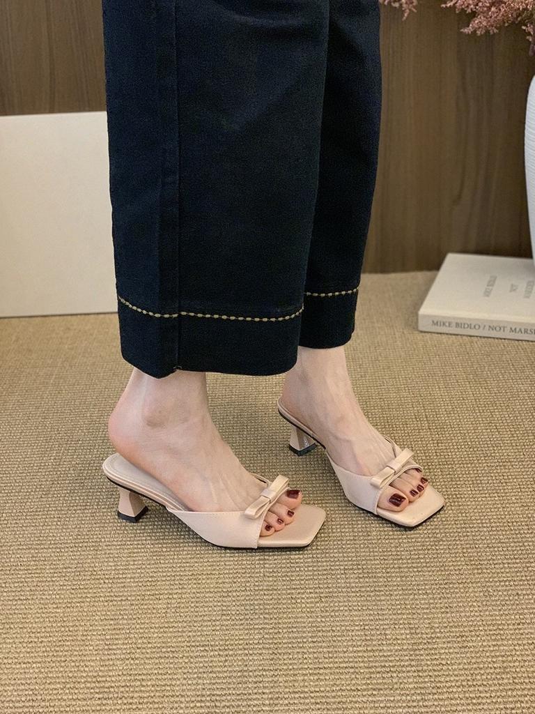 High heels French square head one-word slippers women's outer wear 2025 new summer temperament bow sandals