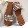 [Foreign Trade] European Station Pearl Rhinestone Flat Bottom One-character Cool Slippers Women's Fashion Outer Sandals Women's Trend
