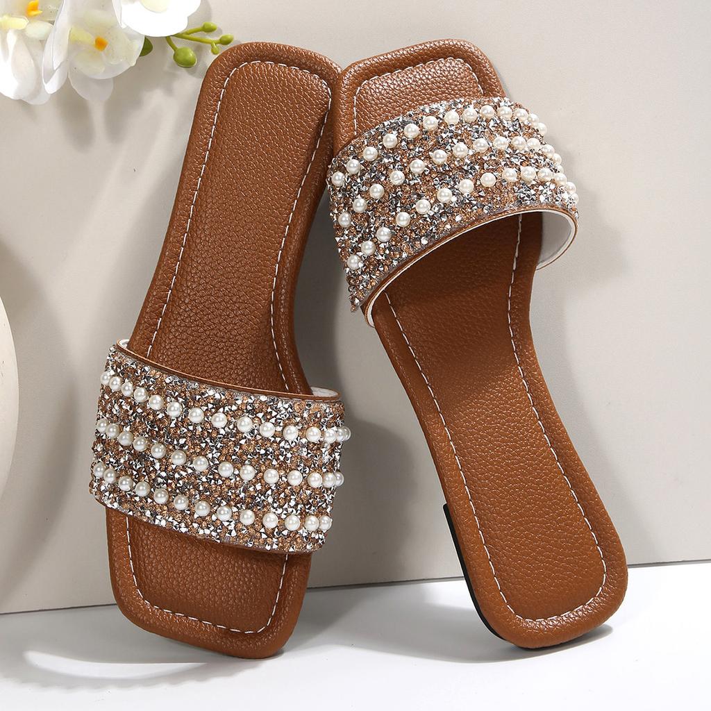 [Foreign Trade] European Station Pearl Rhinestone Flat Bottom One-character Cool Slippers Women's Fashion Outer Sandals Women's Trend