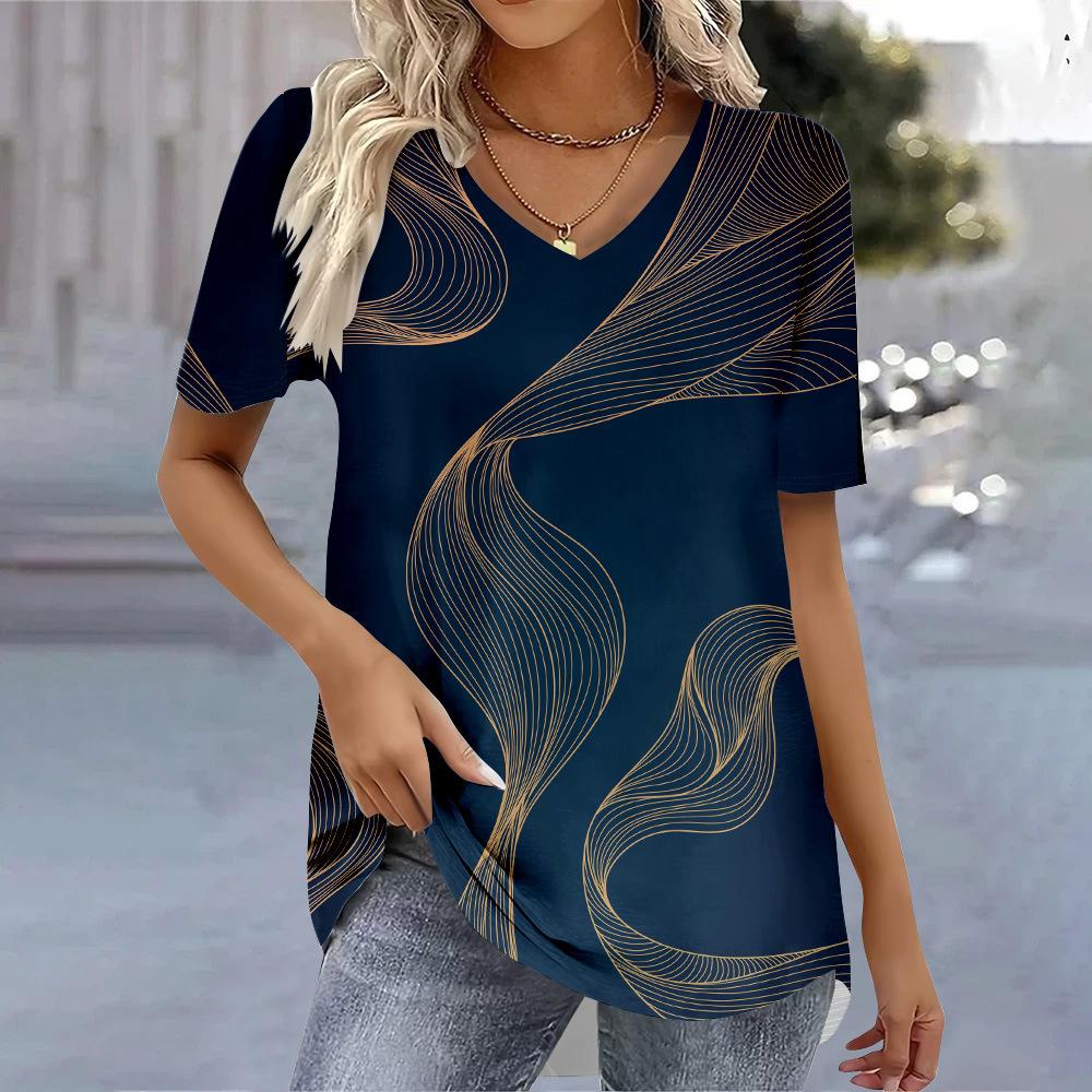 Summer V-neck Geometric & Abstract Pattern 3D Printed Top Fashionable Casual Short Sleeved Women's T-shirts