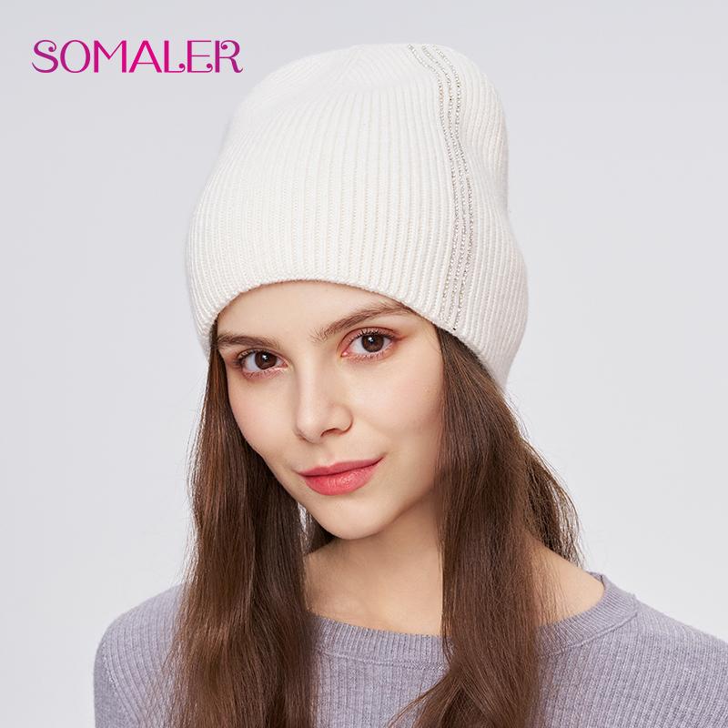 

SOMALER Женская зимняя шерстяная шапка Высококачественная шерстяная вязаная шапка-бини со стразами Толстая теплая двухслойная уличная шапка-бини One Size белый