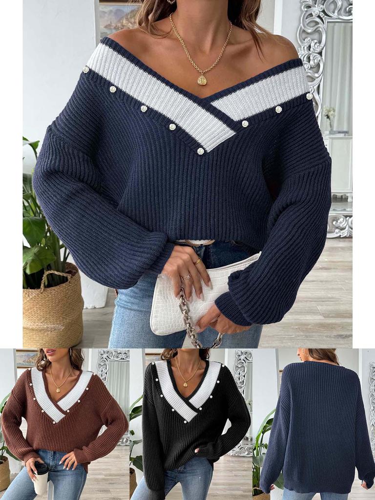 Color Block Patchwork Pearl Beaded V-Neck Loose Knit Sweater for Women