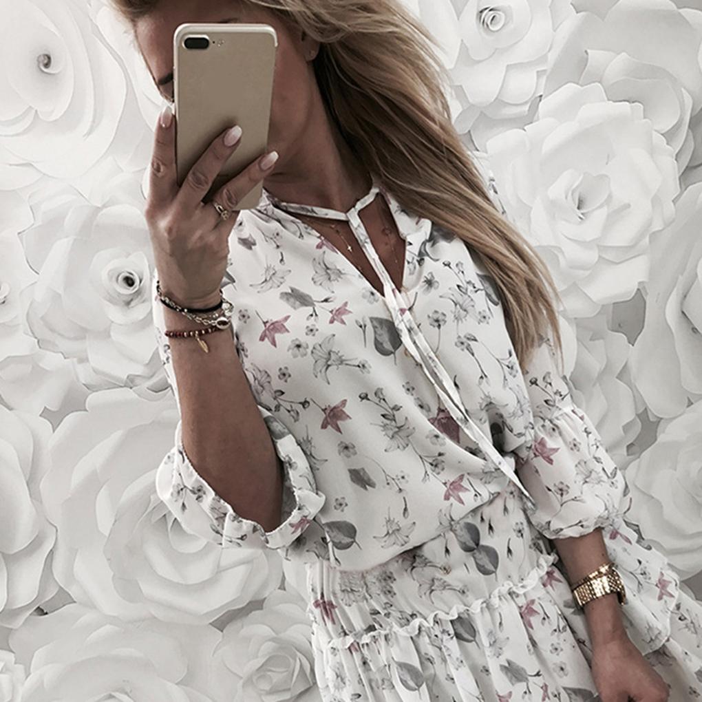 3/4 Sleeve Summer Dress Women Summer Dress Strappy V-Neck Ruffle Hem Dress