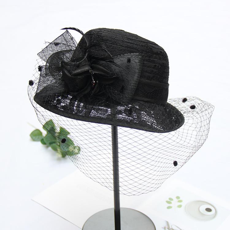 Curled top hat women's summer face cover mesh fashion basin hat British retro sun hat elegant flower lace bucket hat