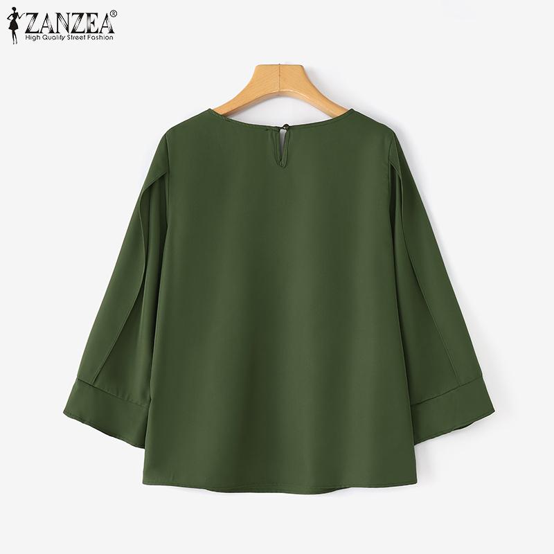 ZANZEA Women Casual Round Neck 3/4 Sleeve Solid Color Loose Blouse