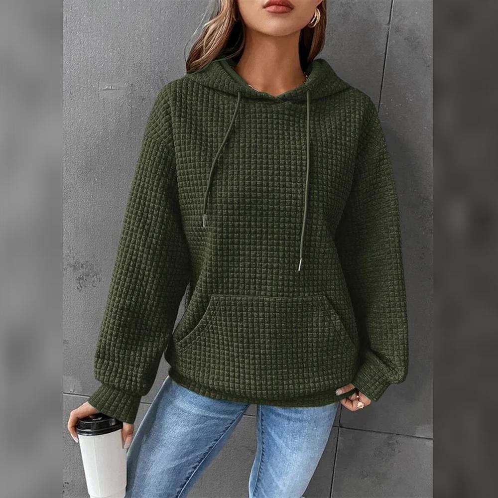 Women Hoodie Plaid Round Neck Pocket Pullover Long Sleeve Solid Color Jacket