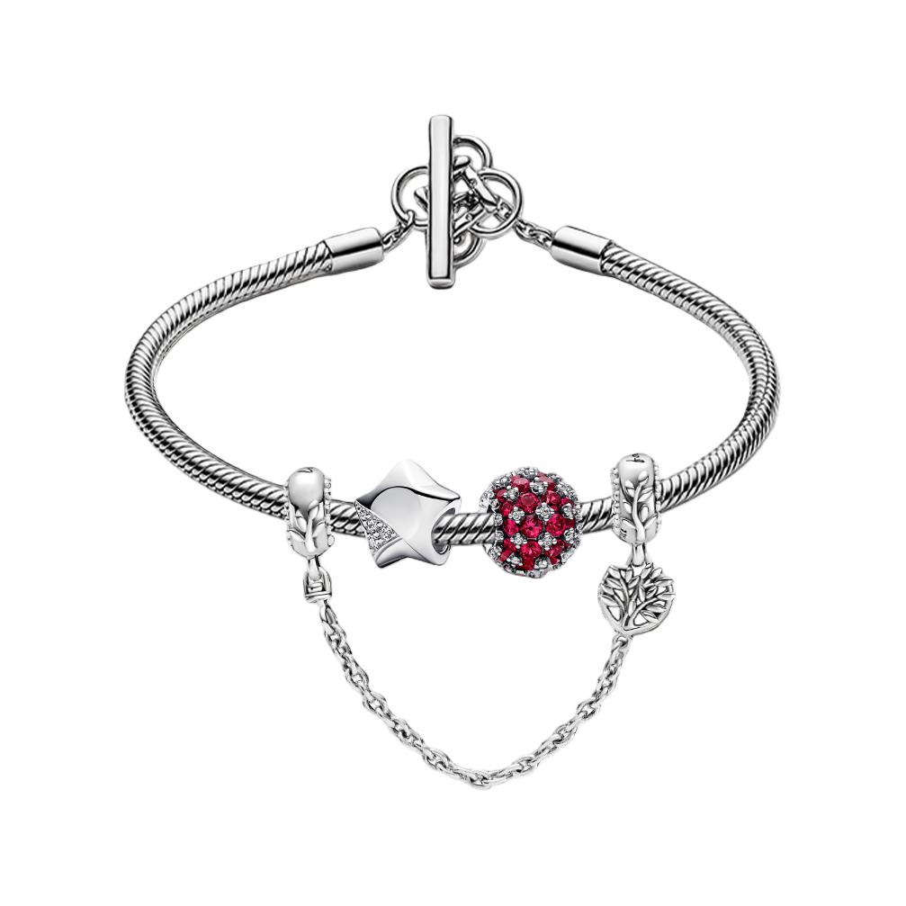 Pandora Shining Red Heart Set Women Bracelet Silver ZT26011354A Box+Shopping Bag,16cm