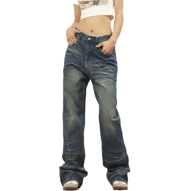 Unisex High-Street Retro Distressed Straight-Leg Jeans