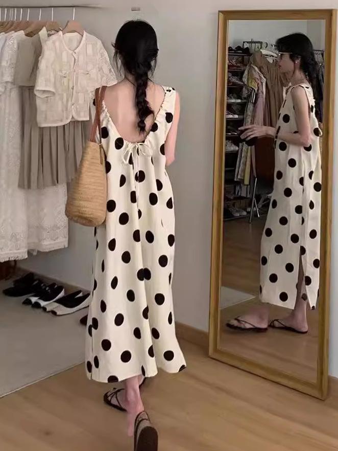 Women's Polka Dot Backless Sleeveless Dress - Summer Holiday Style, Slim Fit, Loose Fit, Long Length