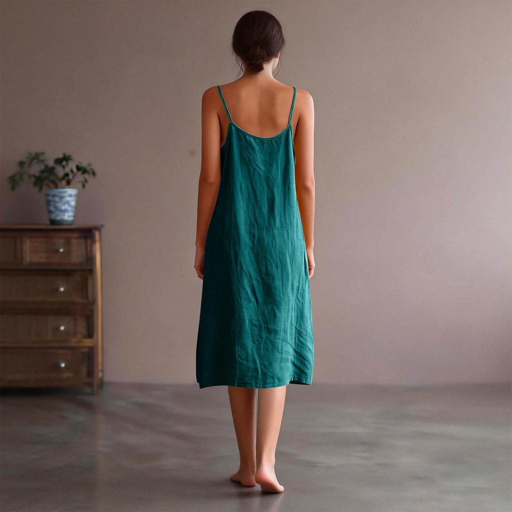 Women's Fashion Casual Loose Sleeveless Tank Top Cotton-Linen Mid Length Dress