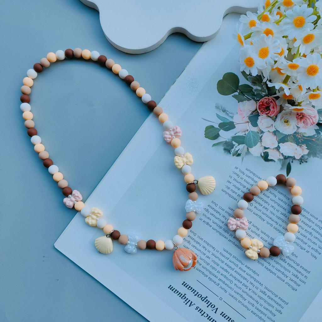 Cartoon Kids Candy Color Bead Bow Knot Necklace & Bracelet Set with Mother-of-Pearl Shell