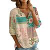 Women’s Cotton Linen Blouse with Patchwork Floral Print Henley Neck Button Front and Three Quarter Sleeves Casual Shirt
