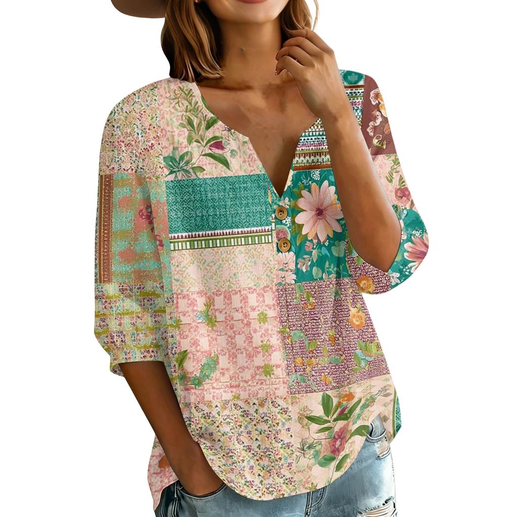 Women’s Cotton Linen Blouse with Patchwork Floral Print Henley Neck Button Front and Three Quarter Sleeves Casual Shirt