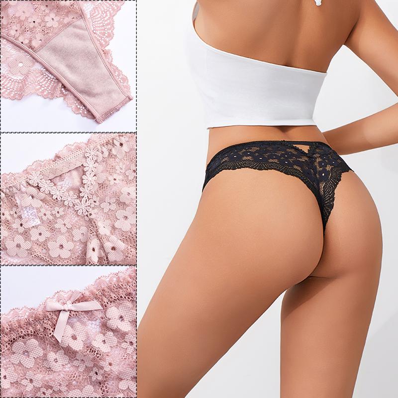 FINETOO 4Pcs Women Lace Floral Underwear Sexy Hollow Out Thongs Breathable Low Waist Panties Girls Invisible Stretchy Lingerie