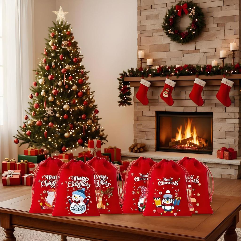 6pcs Christmas Bundle Pocket Gift Bags Snowman Print Velvet Drawstring Bags Soft Reusable Red Christmas Velvet Bundle Pocket