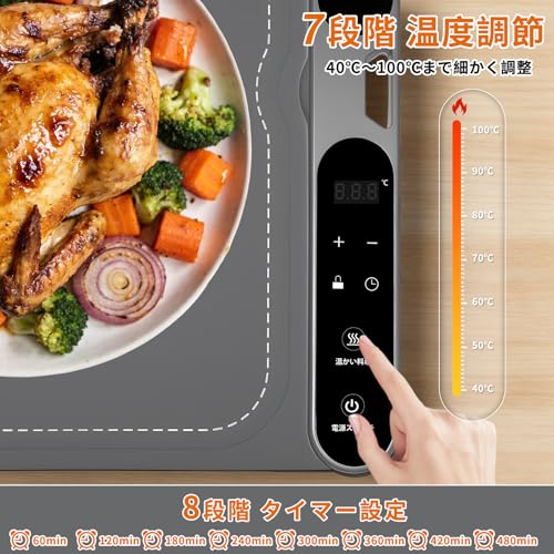 Tabletop Food Warmer Plate, Holds 6 Dishes, 40-100°C (102-212°F), 7 Temperature Settings, 8-Hour Timer, Child Lock, Automatic Power-Off, Foldable, Sto