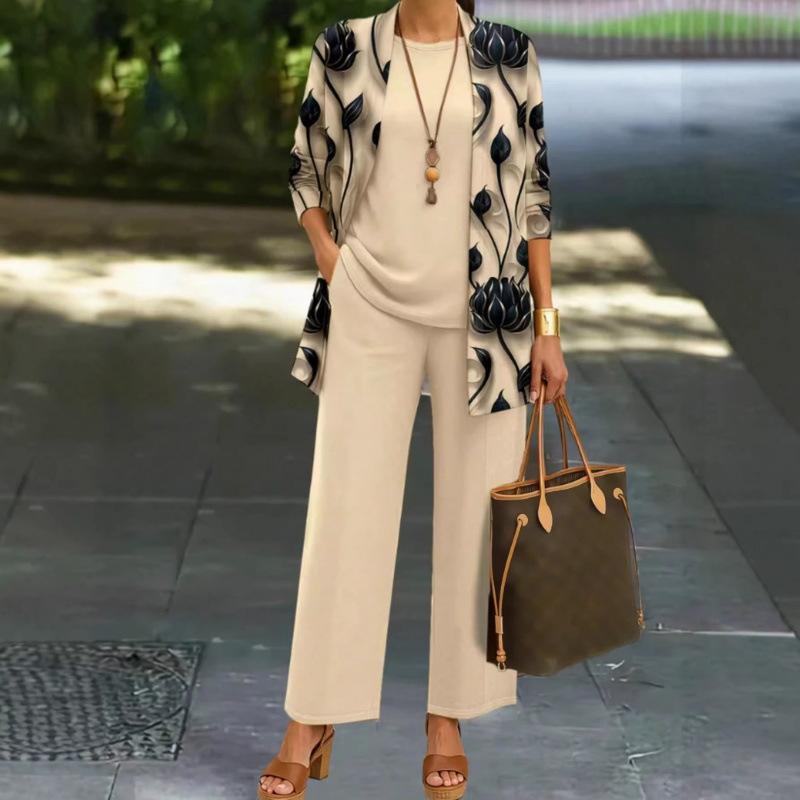 1-Piece Women's Set, Spot 1D Digital Printed Cardigan Jacket with Tank Top and Elegant Casual Pants
