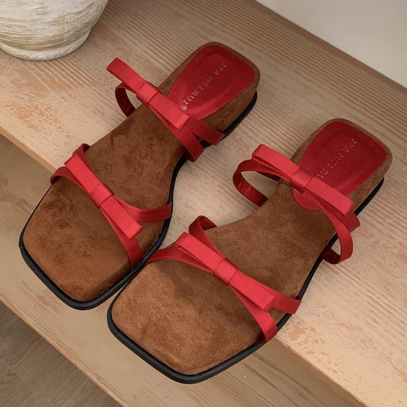 

Fashion Comfort Soft Bottom Bow Wedges Slippers Women Square Toe Narrow Band Design Slide Sandals Summer Anti Slip Brand Beach Sandals 39 красный