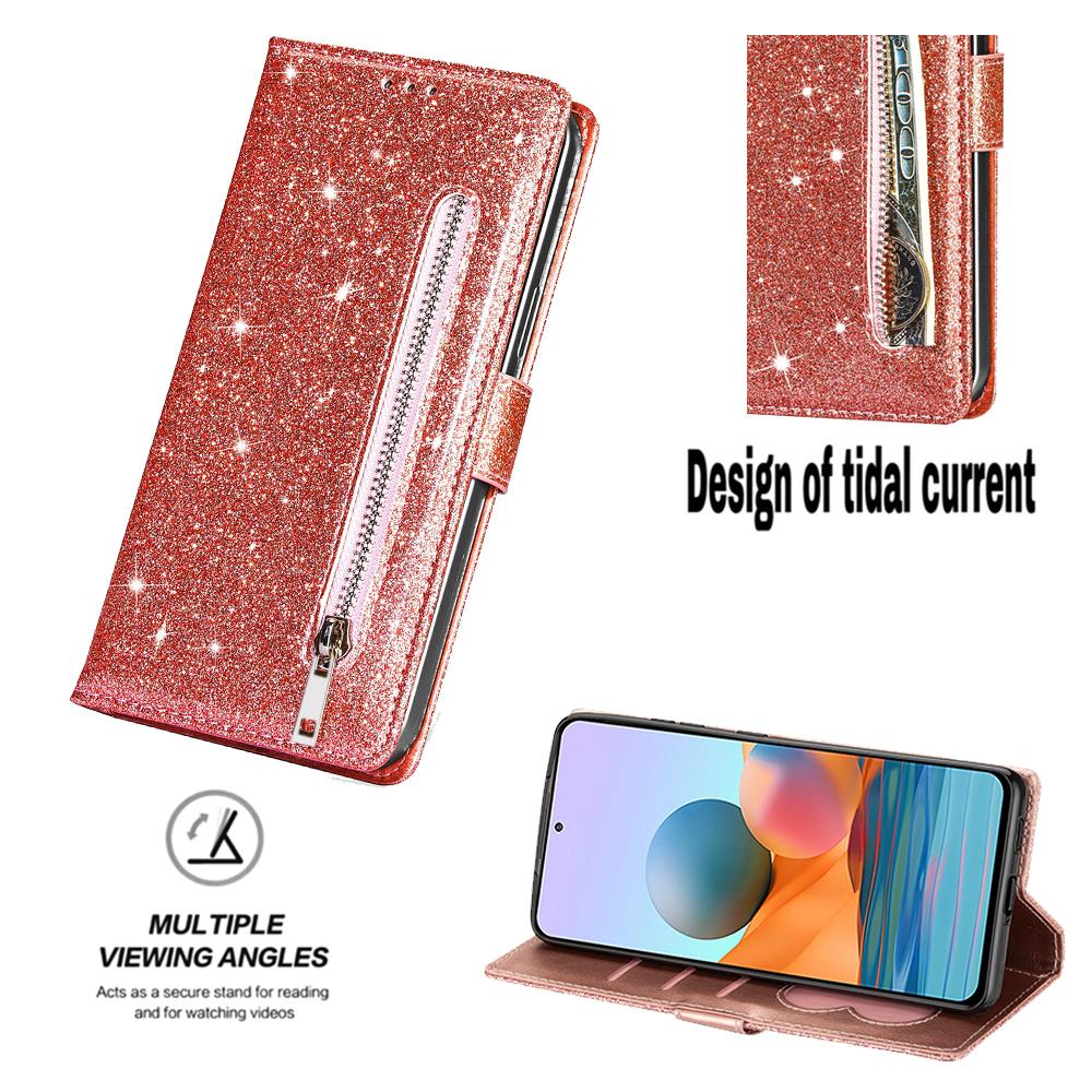 Funda de Cuero con Cremallera y Purpurina para Xiaomi RedMi Note 15 14 13 Pro Plus 5G 15C 14C 13C 12C Mi 15T Pro Cartera tipo Flip con Tarjetero Funda para Teléfono