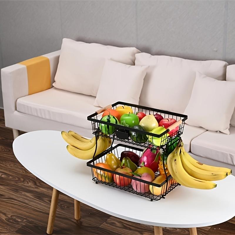 2-Tier Metal Fruit Basket with Banana Hooks, Durable Black Wire Storage Rack for Kitchen Countertop, Multi-Functional Storage