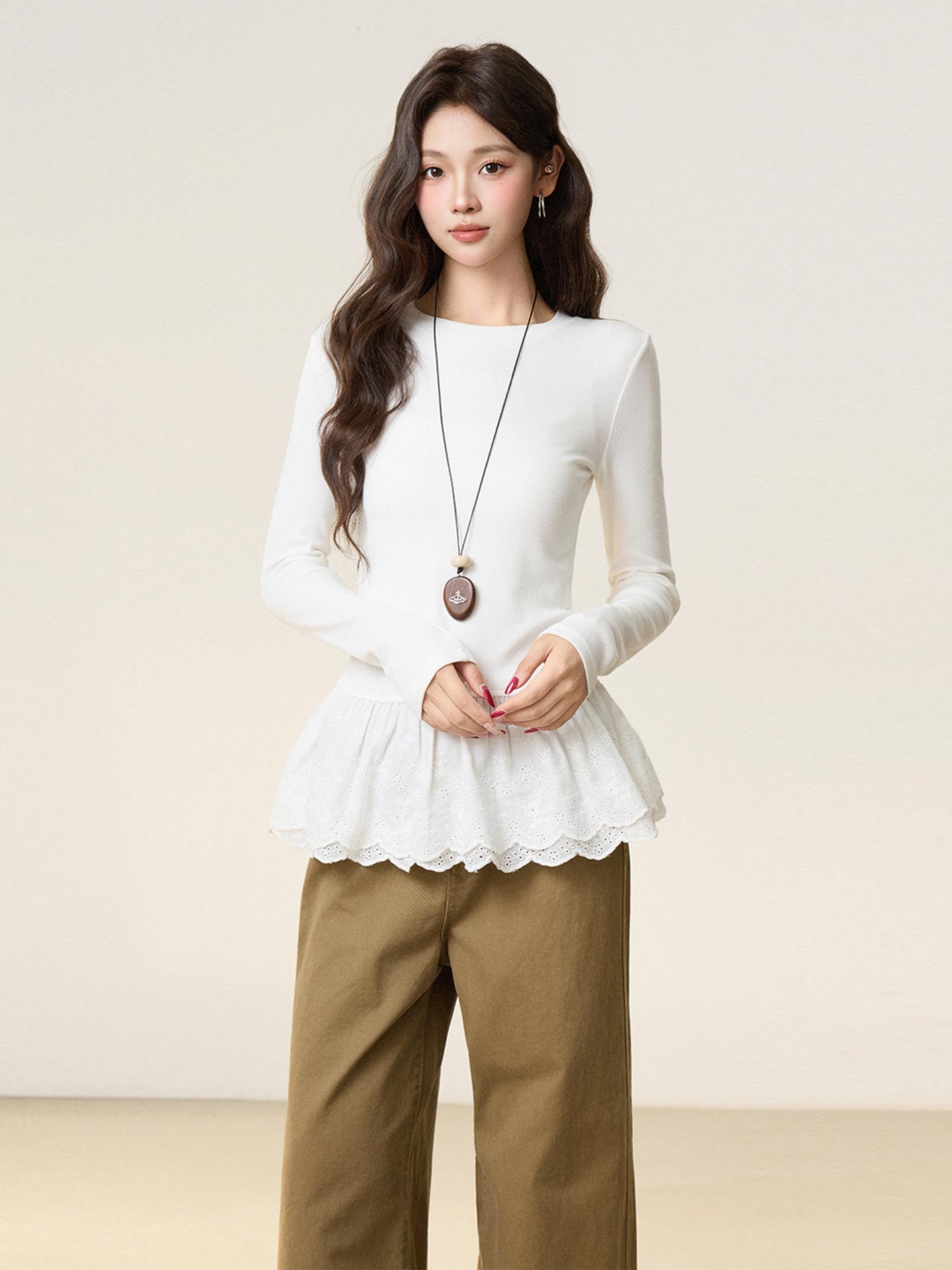 

White lace hem design polished thickened long-sleeved t-shirt women s autumn and winter slim-fitting inner bottoming shirt L білий