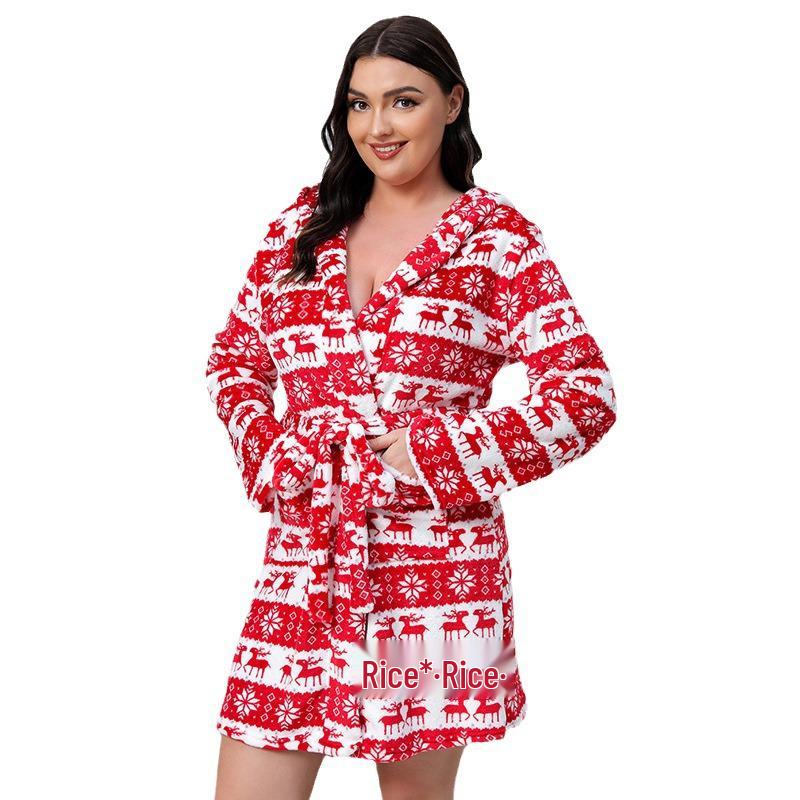 Puszysty Szlafrok Flanelowy Świąteczny Renifer Plus Size - Przytulny i Gruby
