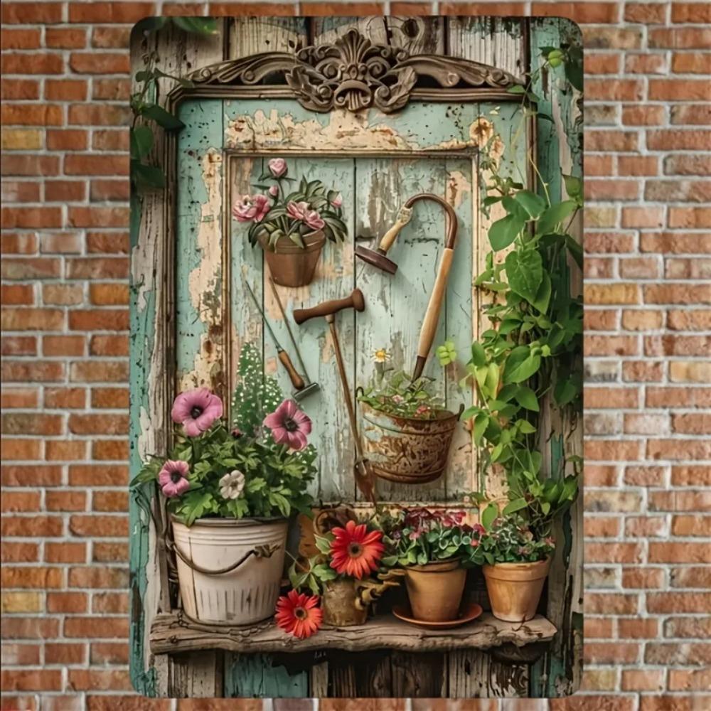 Vintage Floral Metal Tin Sign, Rust - Proof & Waterproof Iron Wall Art, Rustic Garden Scene with Gardening Tools