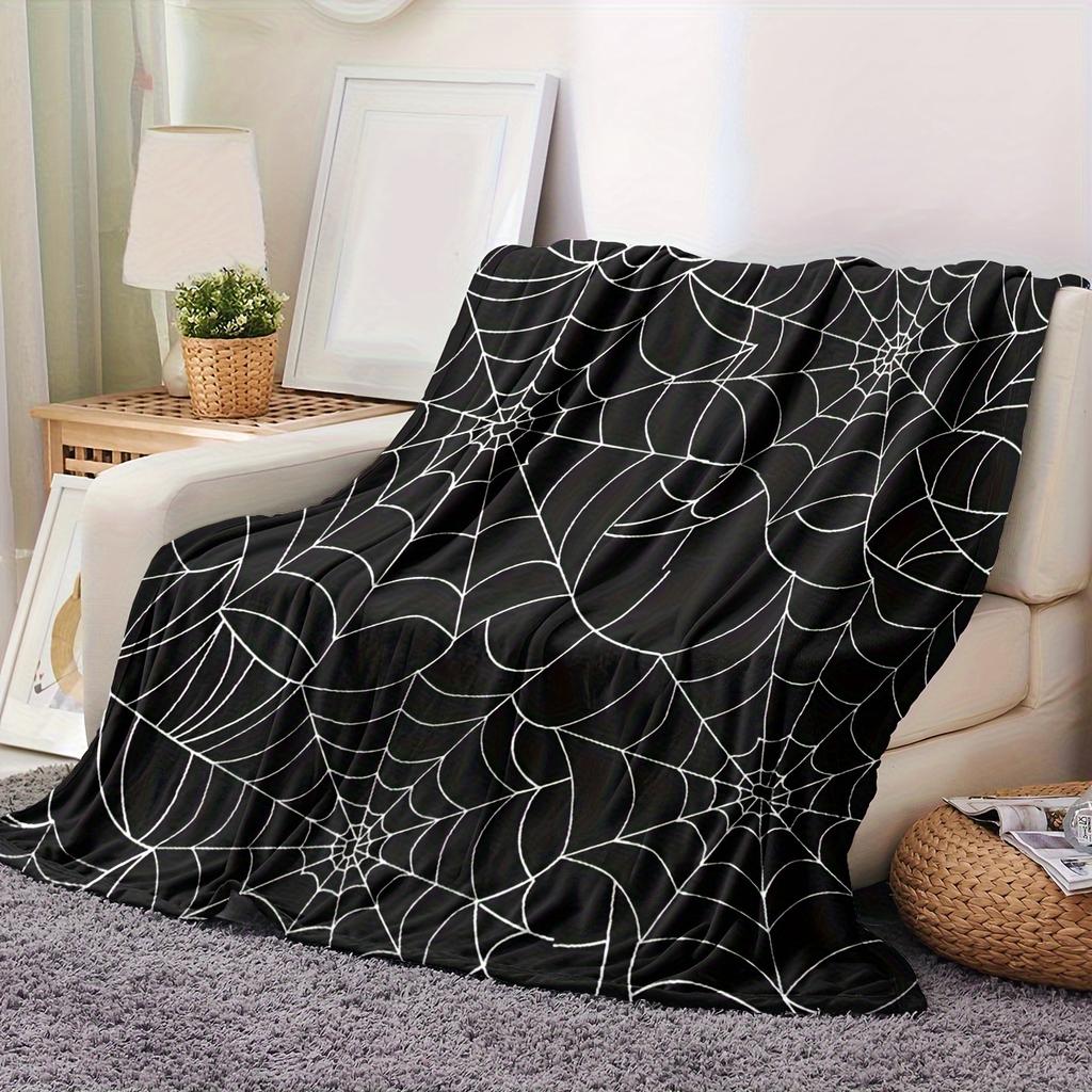 Halloween Spider Web Blanket - Spooky Black & White Throw - Hypoallergenic Lightweight All-Season - Soft Polyester Flannel