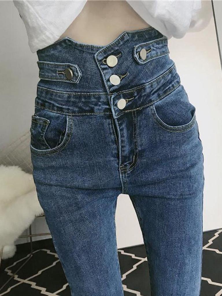 Women's High-Waist Black Multi-Button Slim Fit Pencil Jeans