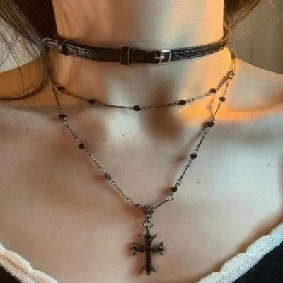 Dark Niche Black Beaded Double Cross Spice Girl Necklace Stacked With Pleated Leather Buckle Collar Collarbone Long Trendy