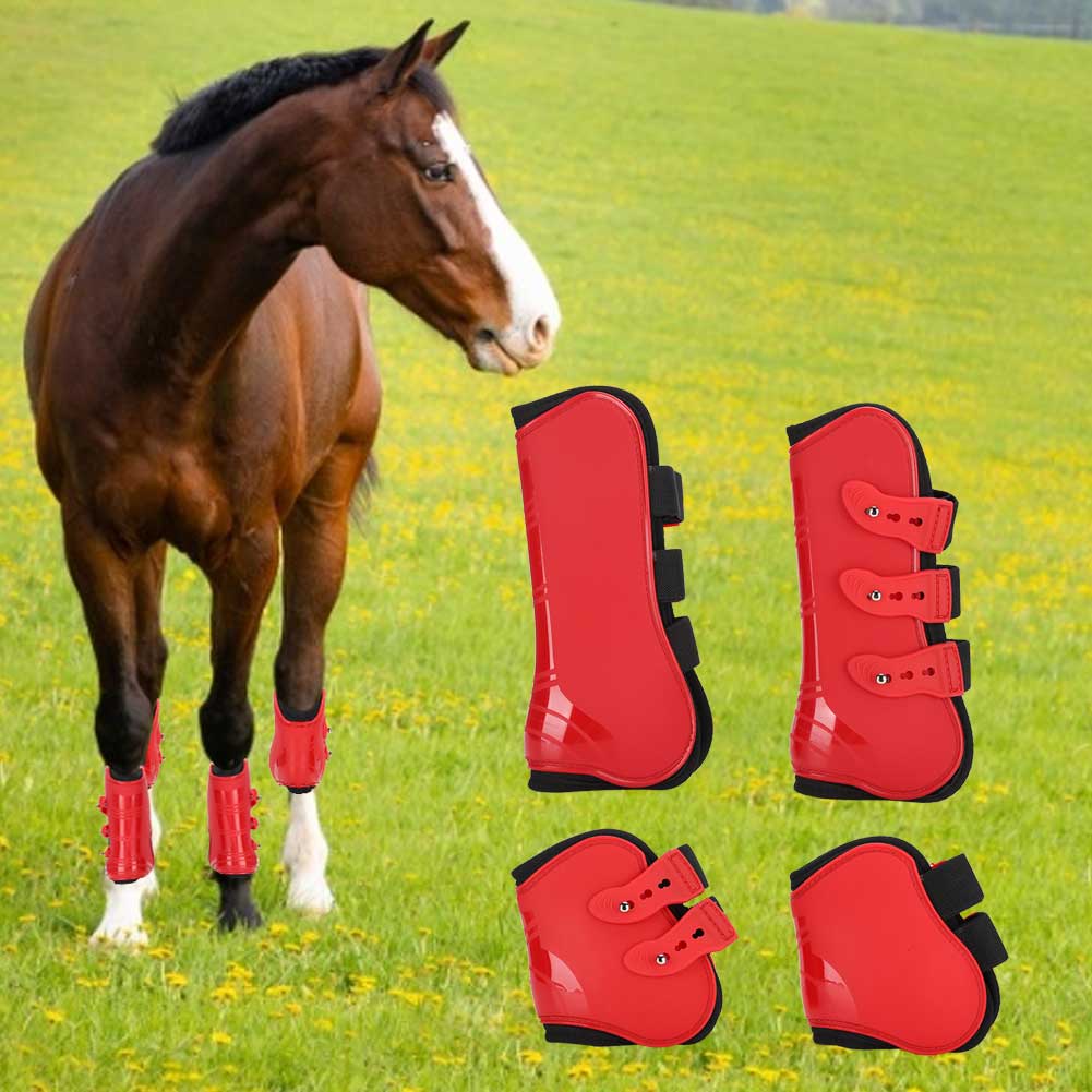 A Set of Fore Hind Leg Boots Adjustable Leg Guard Protector Horse Riding EquipmentRed L