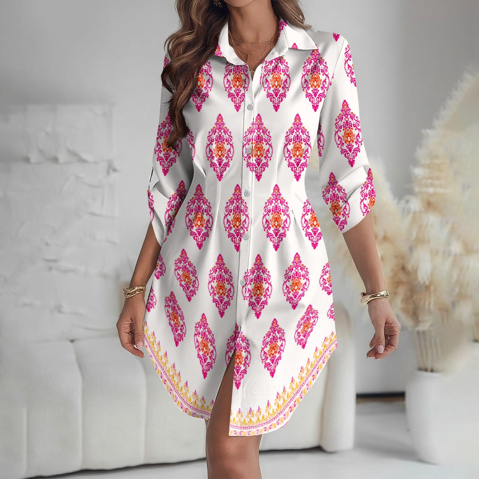 

Женское платье свободного кроя с V-образным вырезом и длинными рукавами, с принтом, платье-рубашка для работы L розовый