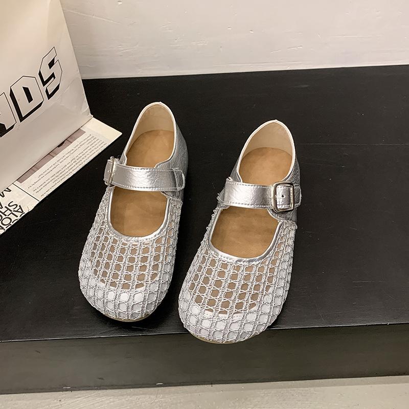 Simple woven hollow fashion single shoes women's 2025 summer new one-word buckle casual flat Mary Jane shoes