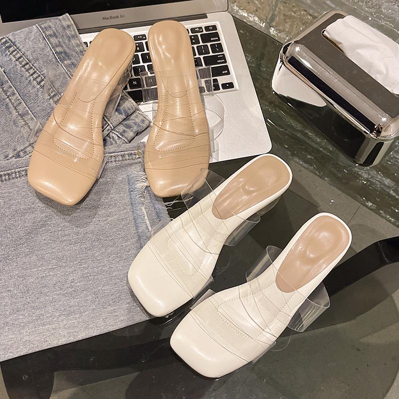 Fashion Summer Women Pumps Sandals Jelly Slippers Sexy Open Square Toe High Heels Women Transparent Slippers Shoe Heel Clear Sandals