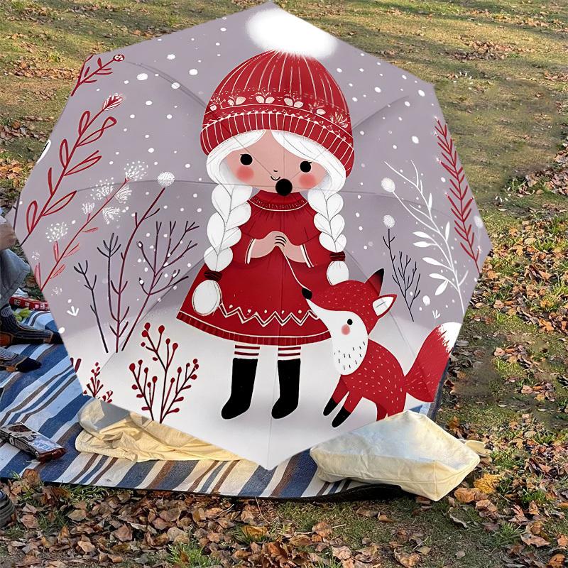 1PC Winter, Fox Automatic Open/Close Umbrella with Windproof, 8-Rib Sturdy Canopy, Durable Ribs, Fashionable Design, Outdoor Accessory, Fun Prin, Holi