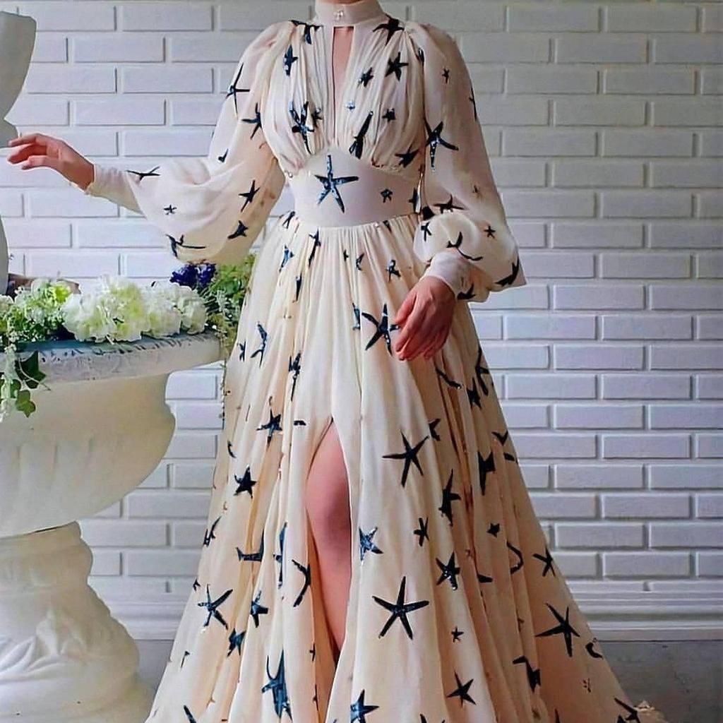 YX2025 new multi-color mass stock semi-turtleneck sequin slit lantern sleeve big pendulum dress chiffon dress