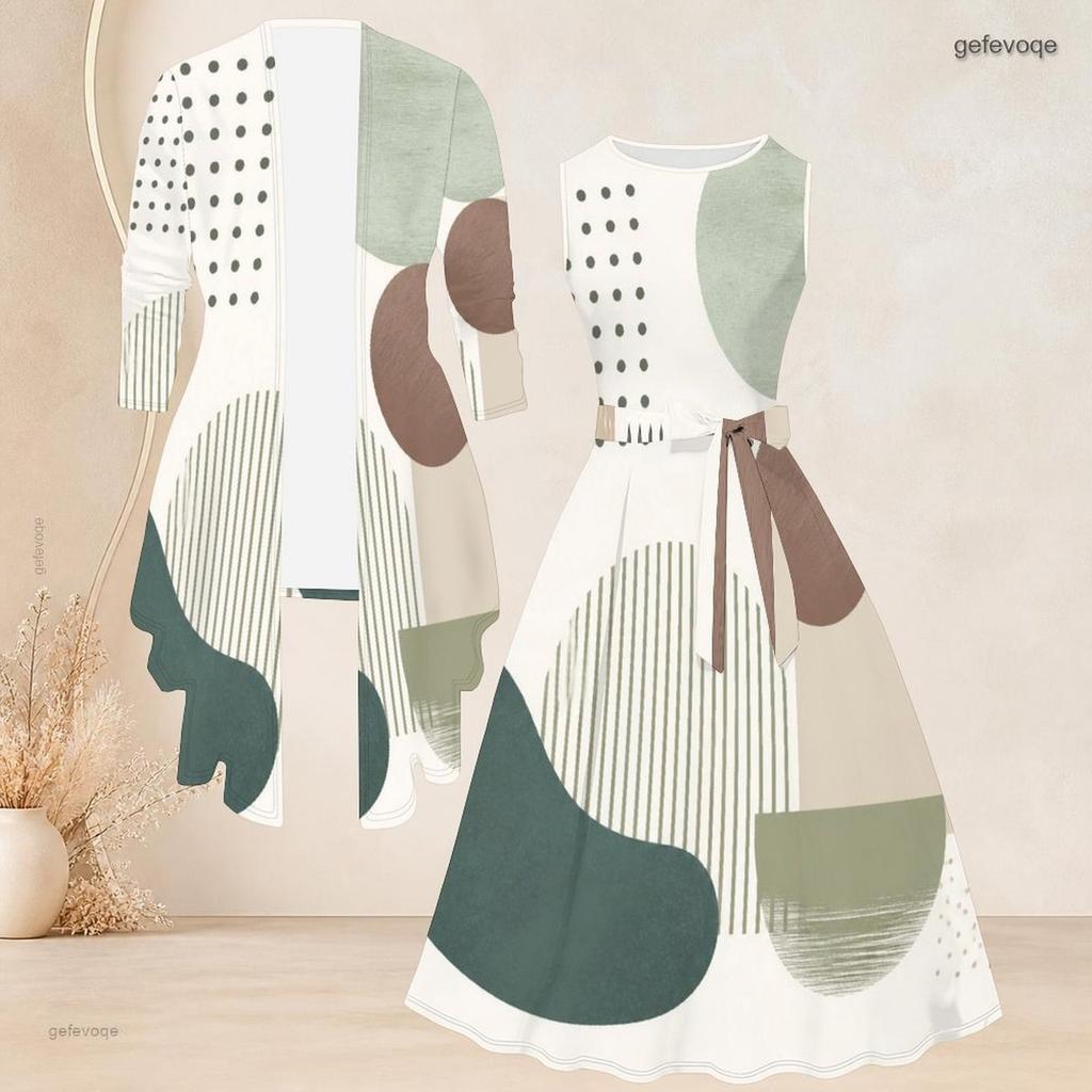 Damski dwuczęściowy zestaw Plus Size z nadrukiem abstrakcyjnej twarzy, kardigan 3/4 z otwartym przodem, bez rękawów, sukienka rozkloszowana z wiązaniem w talii