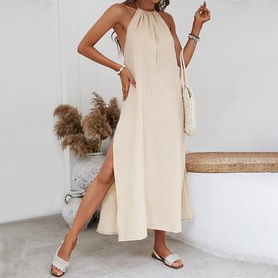 Ladies Elegant Halter Backless Solid Color Holiday Beach Dress