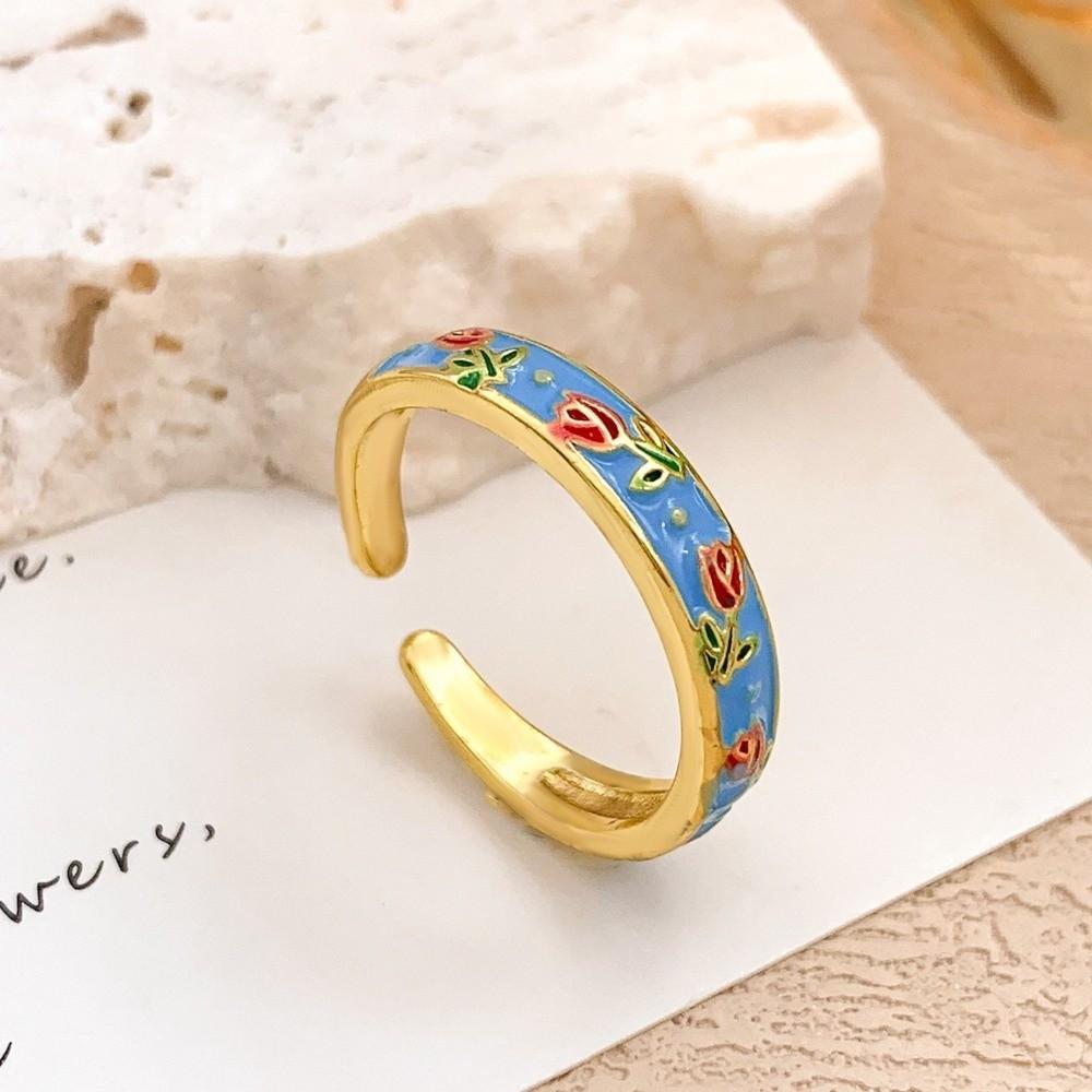 Flower Enamel Open Ring Unique Adjustable Tulip Ring Vintage Geometric Ring Fashion Jewelry