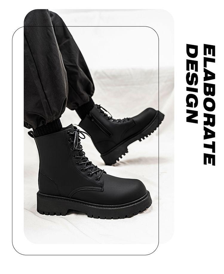 Pánské černé kožené motocyklové boty se silnou podrážkou a vnitřním zvýšením – britský styl, vysoké, ležérní, připravené na podzim.