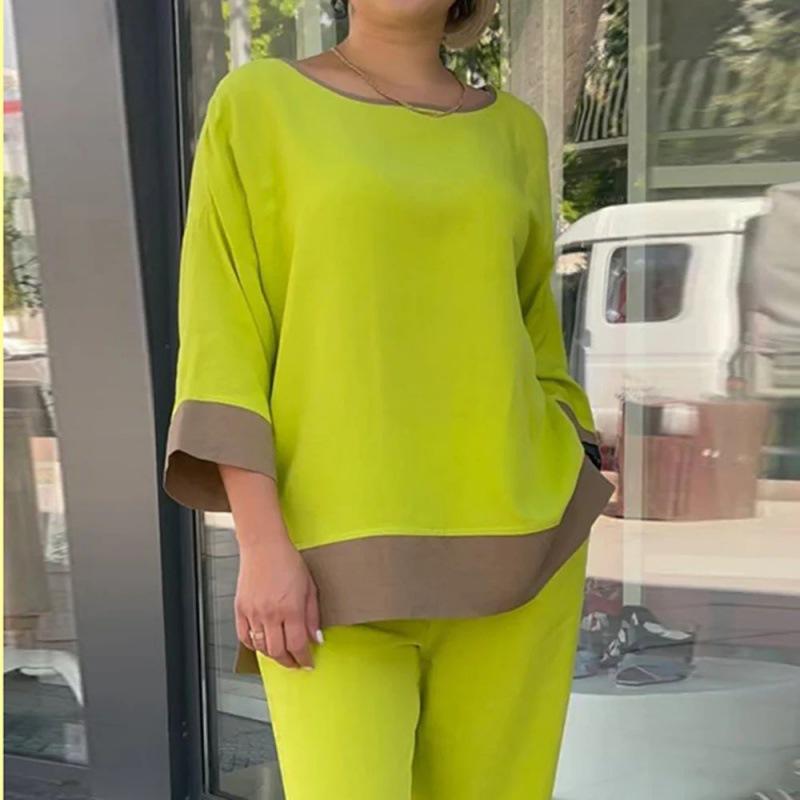 IHUASU Set de femei, lejer, cu guler rotund, cămașă și pantaloni drepți, casual, mărime mare