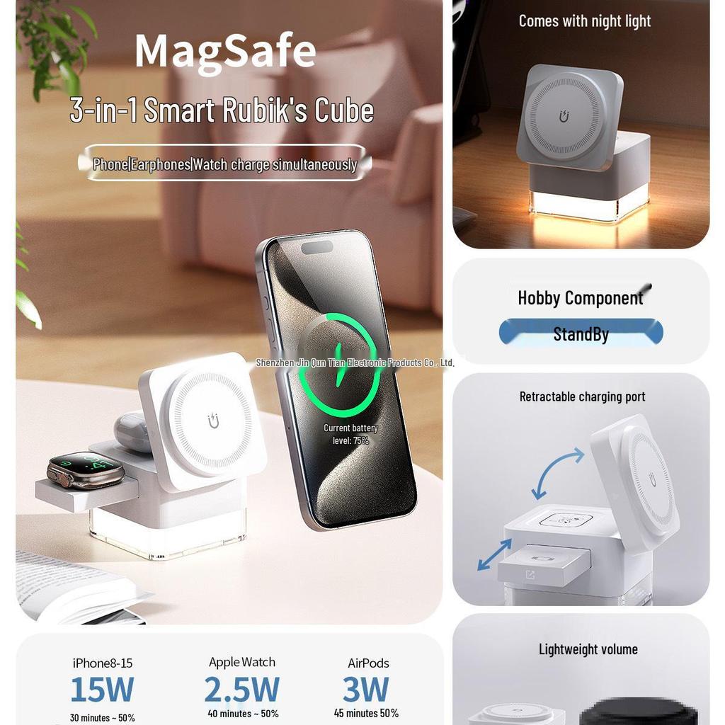 MagSafe 3-in-1 Wireless Charger for Apple Watch, iPhone, Night Light & Earphones AI