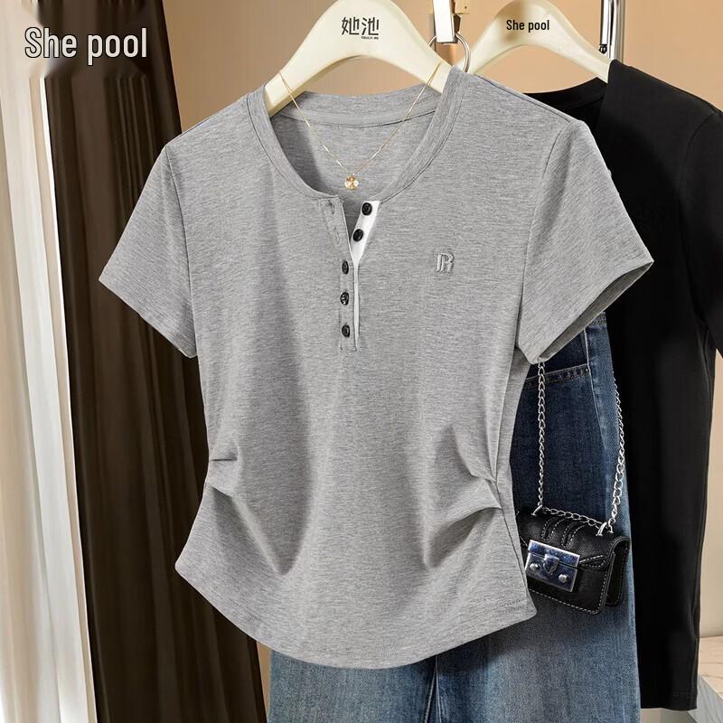 Tachii Women s College Style Pleated Slim-Fit T-Shirt XL светло-серый