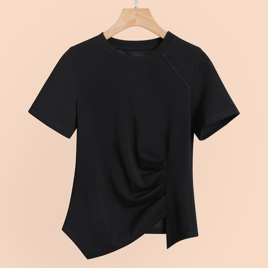 Summer Women's Clothing New Short-sleeved Women's Thin Top Design Sense Irregular Split Hem Niche Half-sleeve