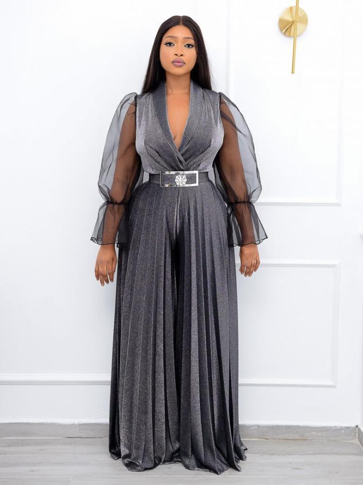 Plussstørrelse Dame Fløyel Jumpsuits Skinne lange ermer Plisserte bukser med vidde ben One Piece Antrekk Vintage Elegante festbukser