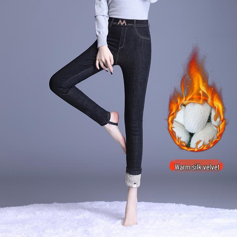 

Winter 2025 High-Waist Skinny Jeans: Thick Silk Cotton Denim, Elastic Waist, Slimming Outerwear, Cotton-Lined. 26/S 83-95kg чёрный