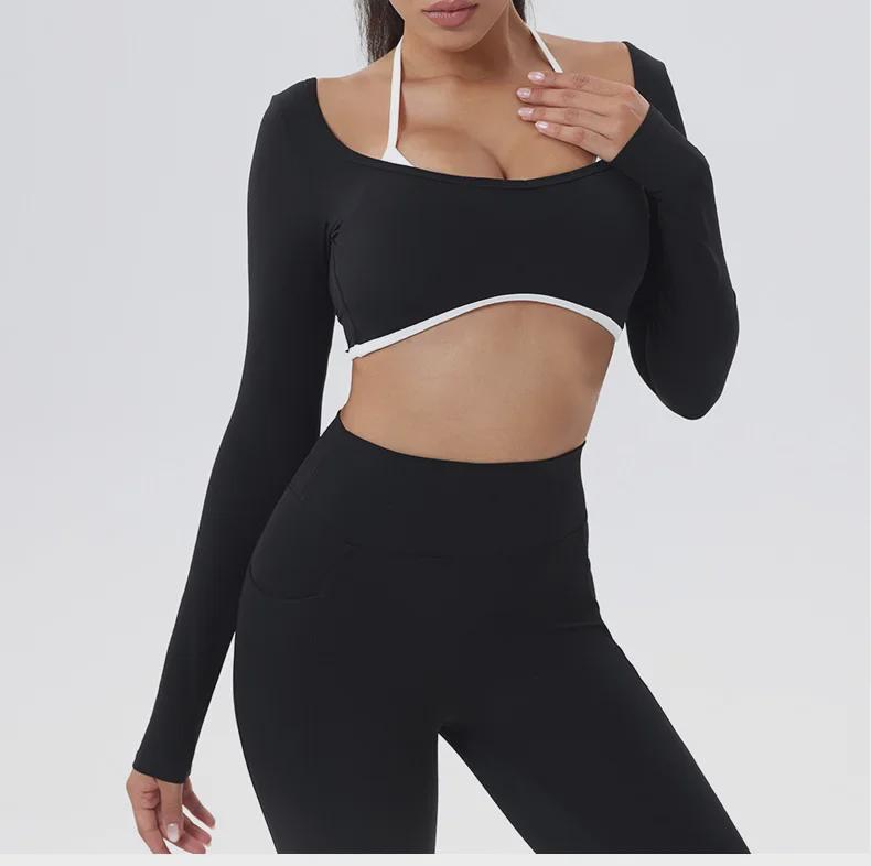 European-American Contrast Long-Sleeve Quick-Dry Yoga Top with Beautiful Back and Built-in Bra