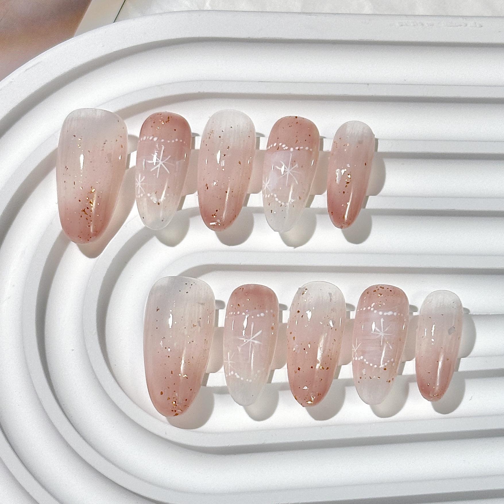 

Handmade Medium-Long Oval Lace Press-On Nails, Skin-Brightening & Elegant Nail Art Patches